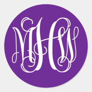 Purple White Vine Script Monogram DIY BG Classic Round Sticker