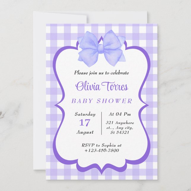 purple White Watercolor  Baby Shower Invitation (Front)