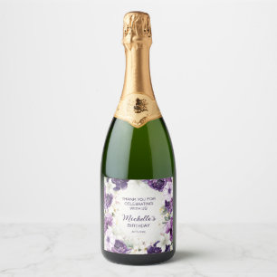 Purple White Watercolor Floral Glitter Birthday Sparkling Wine Label
