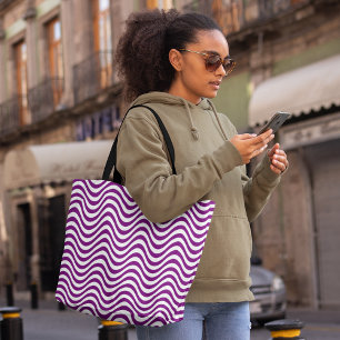 Purple White Wavy Stripes Psychedelic Hypnotic Tote Bag