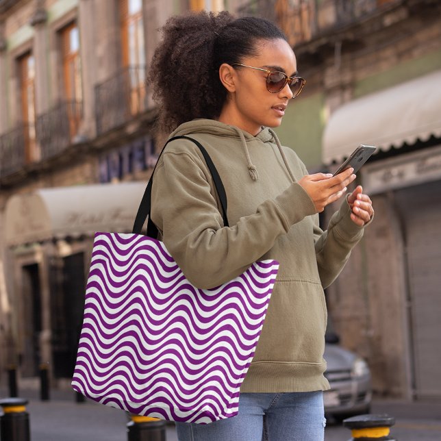 Purple White Wavy Stripes Psychedelic Hypnotic Tote Bag (Purple White Wavy Stripes Psychedelic Hypnotic Tote Bag. shopping bag, fashion bag, tote, bag, )