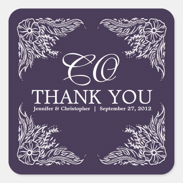 Purple & White Wedding Thank You Monogram Square Sticker (Front)
