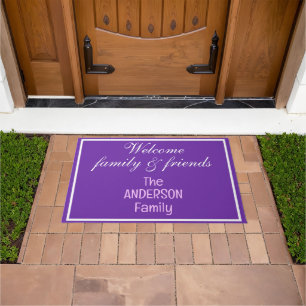Purple White Welcome Family and Friends Name Doormat