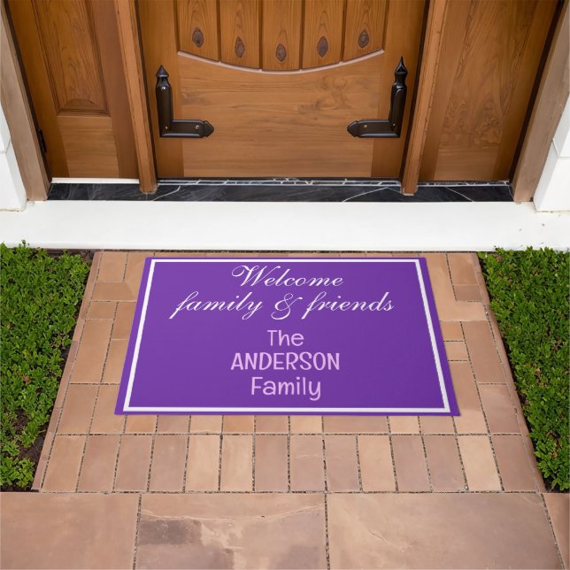 Purple White Welcome Family and Friends Name Doormat (Outdoor)