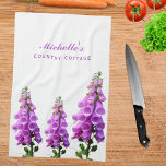 Purple white wildflowers floral pink purple script tea towel<br><div class="desc">Pink,  purple large foxgloves in a summer meadow on a white background. Personalise and add a name and place.  Perfect for a country cottage or vacation home.
The name is written with a modern hand lettered style script.</div>
