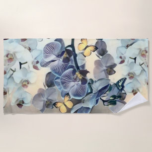 Purple white yellow orchid floral butterfly beach towel