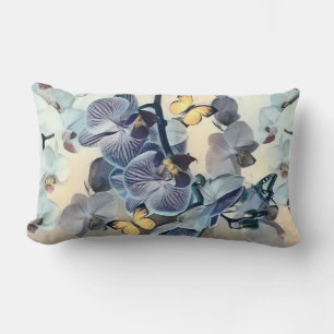 Purple white yellow orchid floral butterfly lumbar cushion
