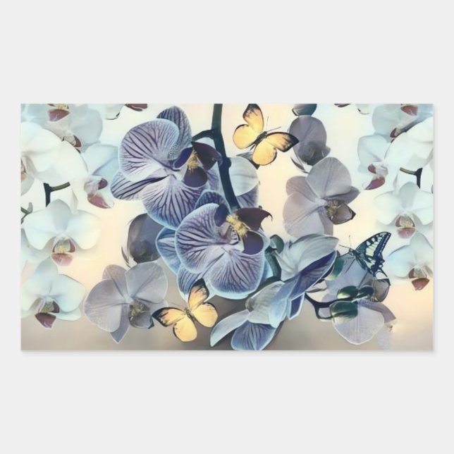 Purple white yellow orchid floral butterfly  rectangular sticker (Front)