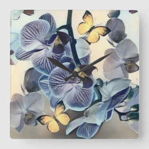 Purple white yellow orchid floral butterfly square wall clock