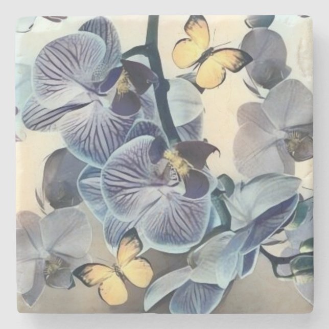Purple white yellow orchid floral butterfly  stone coaster (Front)