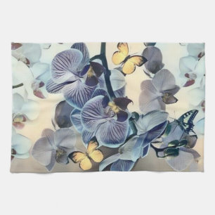 Purple white yellow orchid floral butterfly  tea towel