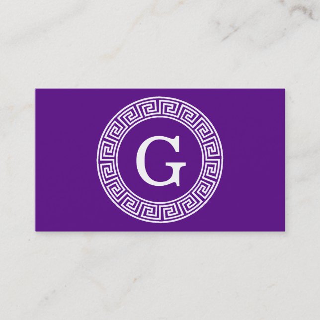 Purple Wht Greek Key Rnd Frame Initial Monogram Business Card (Front)