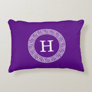 Purple Wht Greek Key Rnd Frame Initial Monogram Decorative Cushion