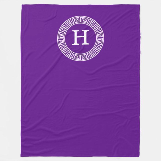 Purple Wht Greek Key Rnd Frame Initial Monogram Fleece Blanket (Front)