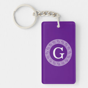 Purple Wht Greek Key Rnd Frame Initial Monogram Key Ring