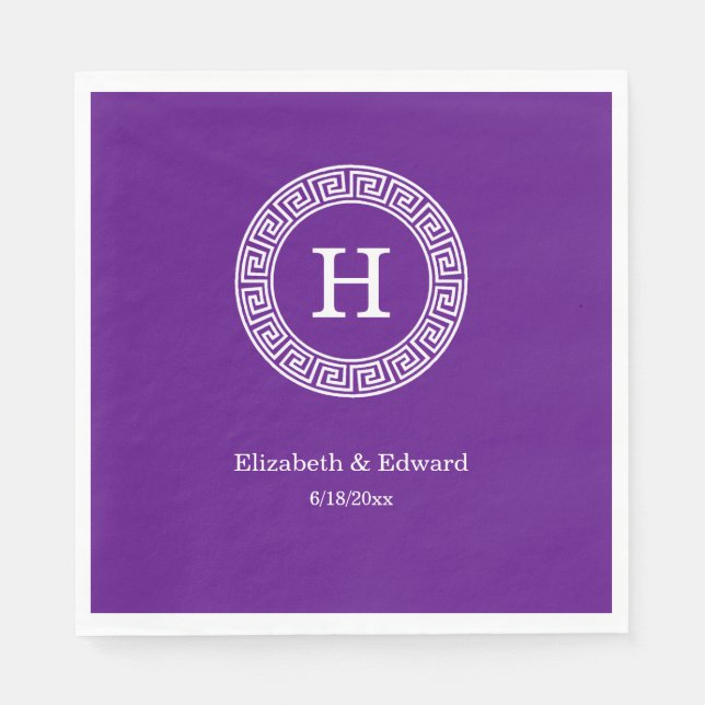 Purple Wht Greek Key Rnd Frame Initial Monogram Napkin (Front)