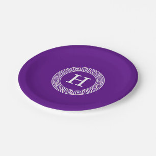 Purple Wht Greek Key Rnd Frame Initial Monogram Paper Plate
