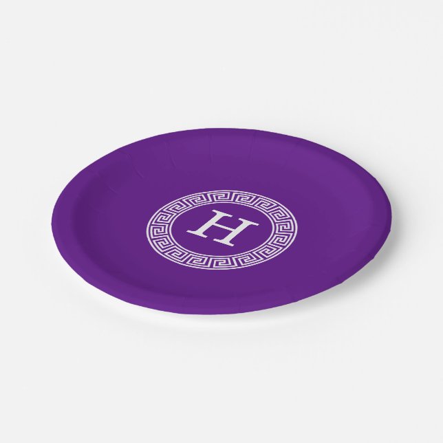 Purple Wht Greek Key Rnd Frame Initial Monogram Paper Plate (Angled)