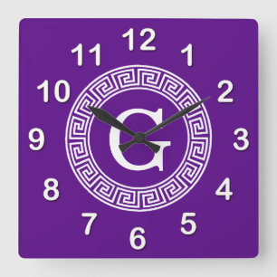 Purple Wht Greek Key Rnd Frame Initial Monogram Square Wall Clock