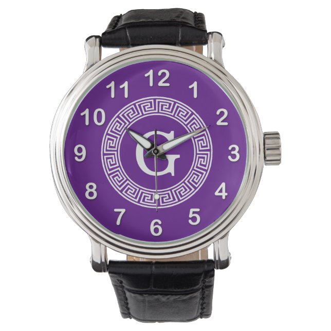Purple Wht Greek Key Rnd Frame Initial Monogram Watch (Front)