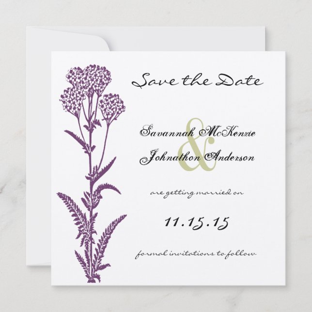 Purple Wild Flower Branch Wedding Save the Date (Front)