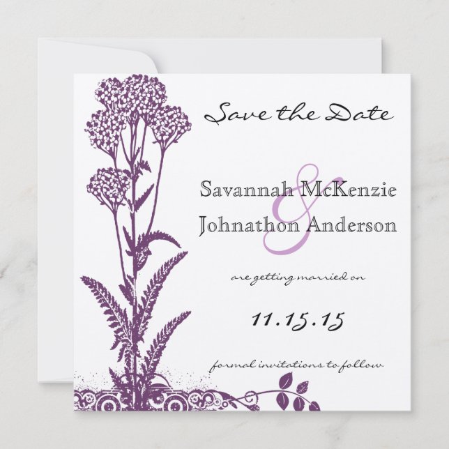 Purple Wild Flower Branch Wedding Save the Date Invitation (Front)