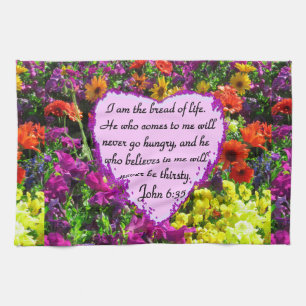 PURPLE WILD FLOWER JOHN 6:35 DESIGN TEA TOWEL