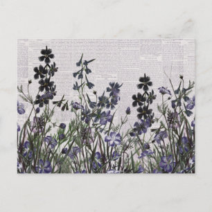 Purple Wild flowers on Vintage Newspaper Postcard
