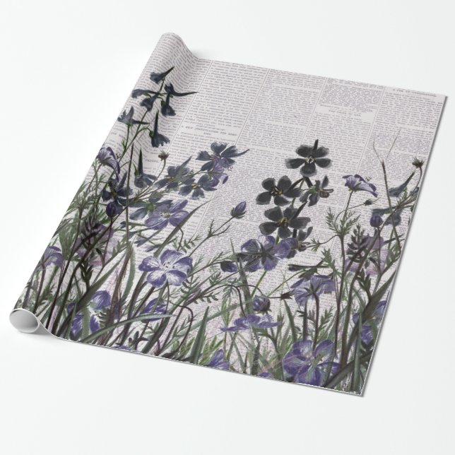 Purple Wild flowers on Vintage Newspaper Wrapping Paper (Unrolled)