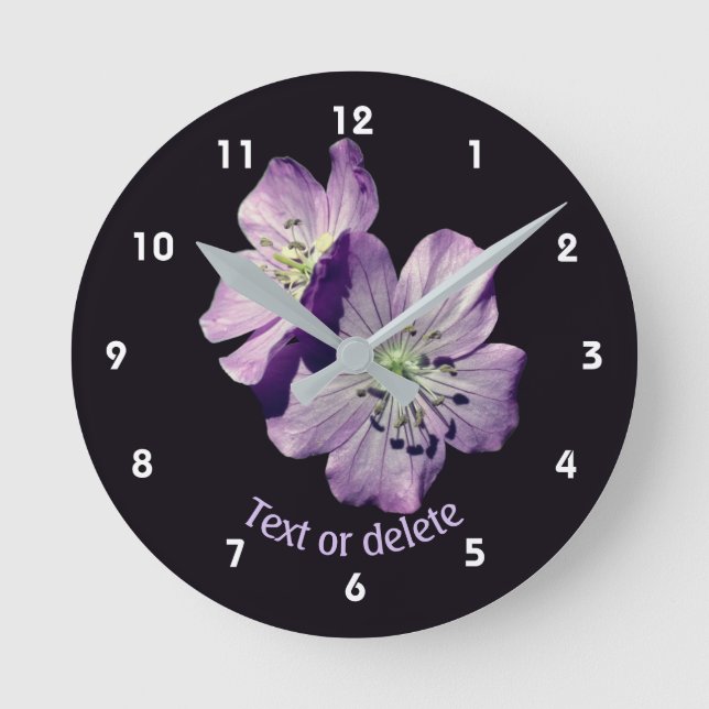 Purple Wild Geranium Flowers Personalised Round Clock (Front)