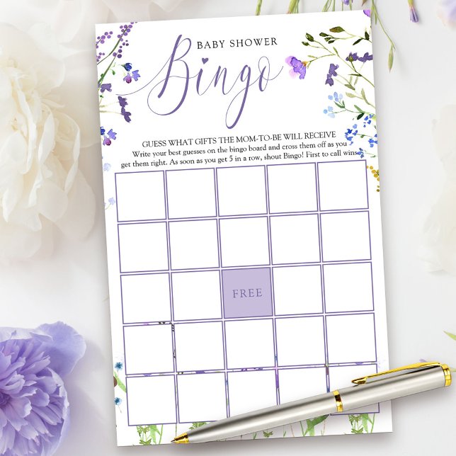 Purple Wildflower Baby Shower Bingo Game (Bingo Game Card from my Purple Wildflower Collection.)