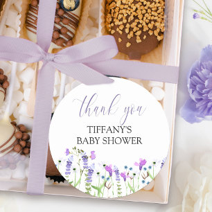Purple Wildflower Baby Shower Thank You Script Classic Round Sticker