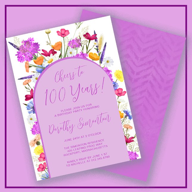 Purple Wildflower Boho Arch 100th Birthday Party Invitation (Creator Uploaded)
