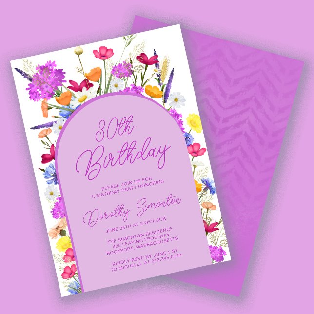 Purple Wildflower Boho Arch 30th Birthday Party Invitation (Creator Uploaded)