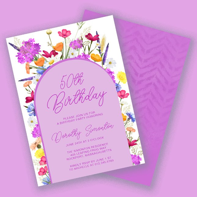 Purple Wildflower Boho Arch 50th Birthday Party Invitation (Creator Uploaded)