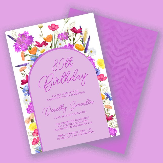 Purple Wildflower Boho Arch 80th Birthday Party Invitation (Creator Uploaded)
