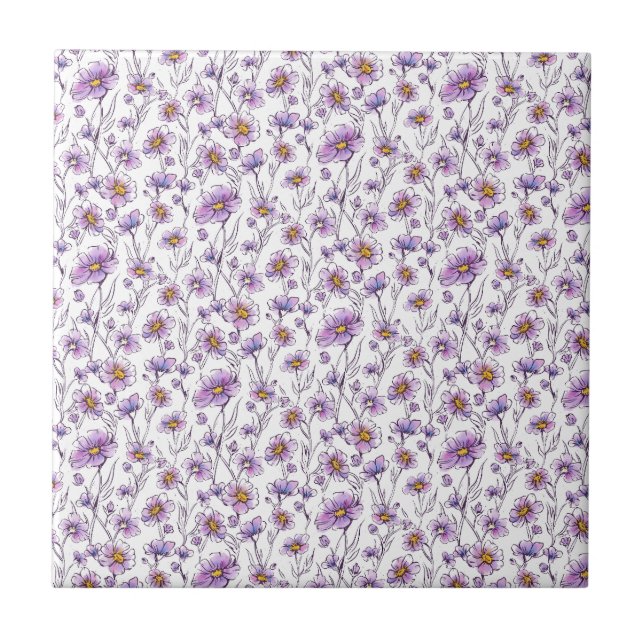 Purple Wildflower Botanical Pattern Design Ceramic Tile (Front)