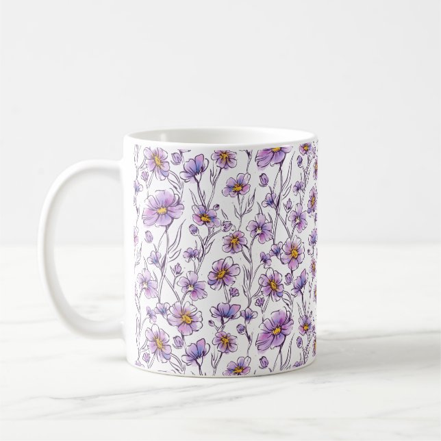 Purple Wildflower Botanical Pattern Design Coffee Mug (Left)