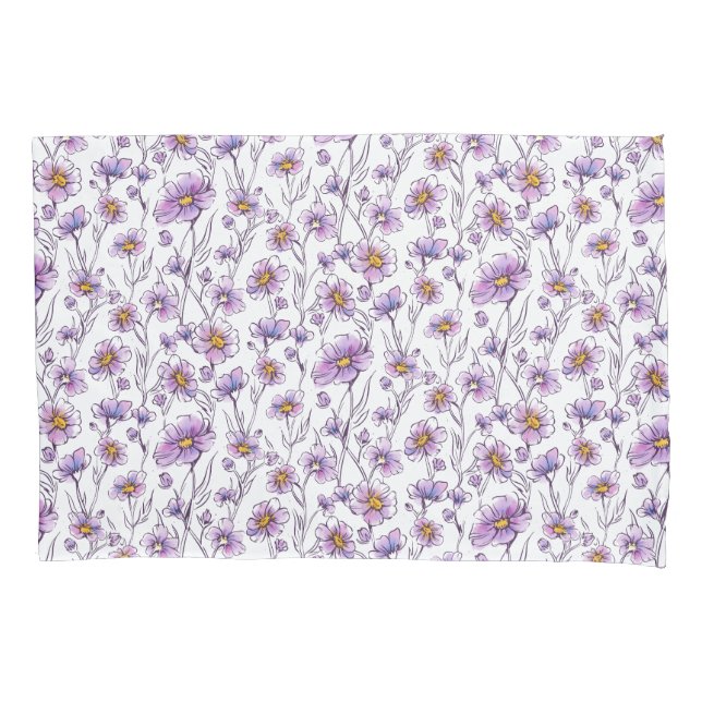 Purple Wildflower Botanical Pattern Design Pillowcase (Front)