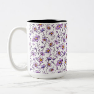 Purple Wildflower Botanical Pattern Design Two-Tone Coffee Mug