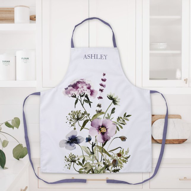 Purple Wildflower Bouquet Watercolor Floral Apron (In situ)