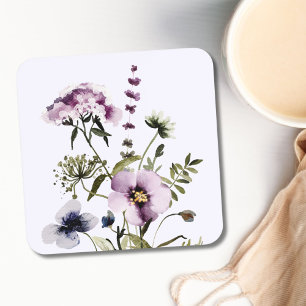 Purple Wildflower Bouquet Watercolor Floral Coaster