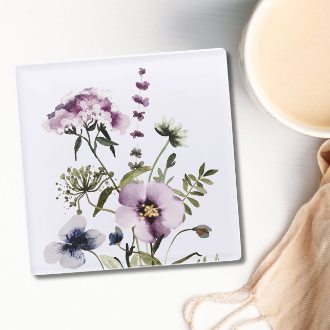 Purple Wildflower Bouquet Watercolor Floral Glass Coaster (In situ)
