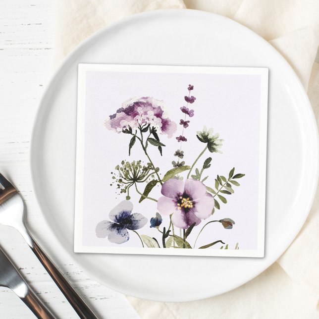 Purple Wildflower Bouquet Watercolor Floral Napkin (In situ)