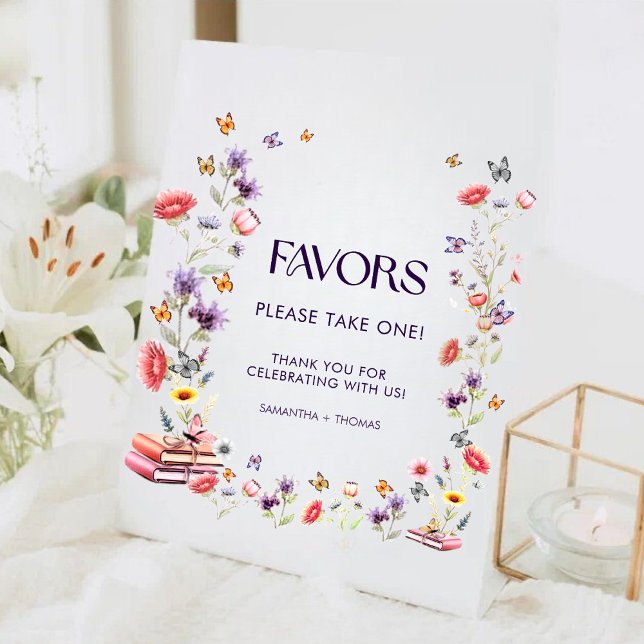 Purple Wildflower Bridal Shower Favour Pedestal Sign (Purple wildflower bridal shower favor sign — elegant watercolor florals with storybook charm.)