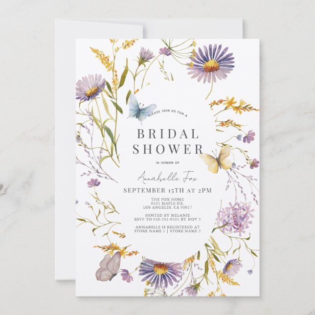 Purple Wildflower & Butterfly Bridal Shower Invitation (Front)