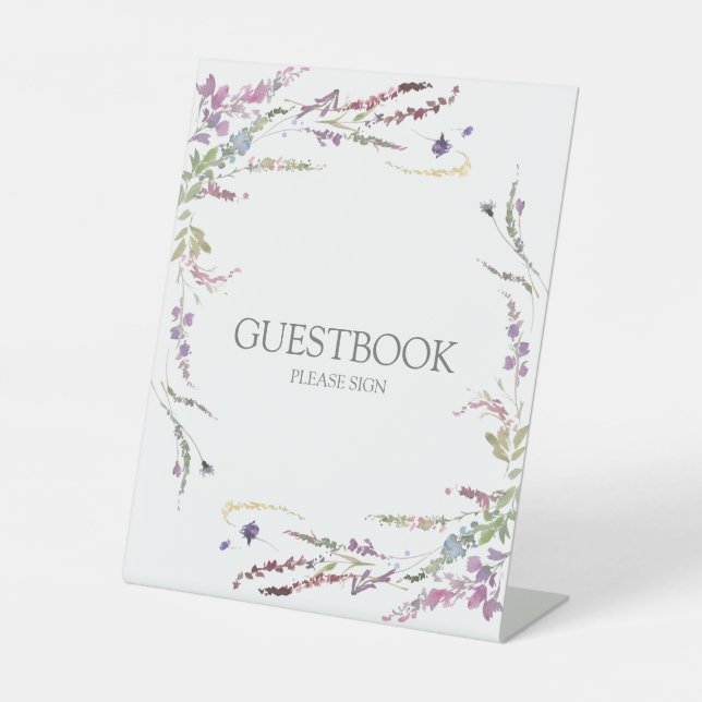Purple Wildflower Calligraphy Wedding Guestbook Pedestal Sign (Front)