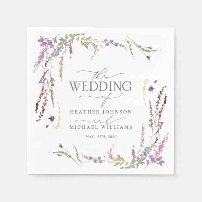 Purple Wildflower Calligraphy Wedding Napkin (Front)