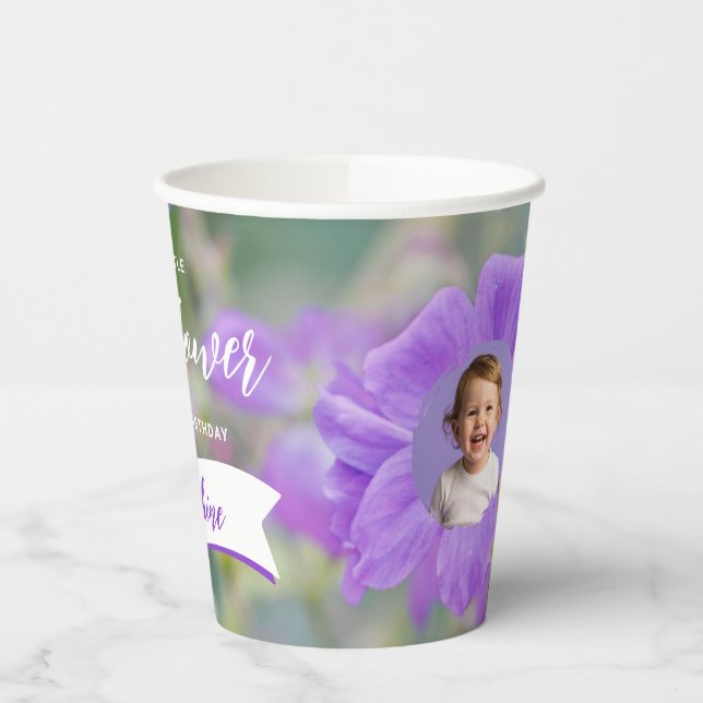 Purple Wildflower Custom Photo Template Birthday Paper Cups (Left)