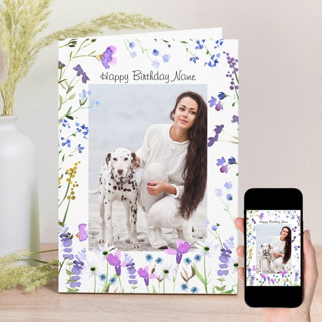 Purple Wildflower Delicate Floral Photo Birthday Card (Creator Uploaded)